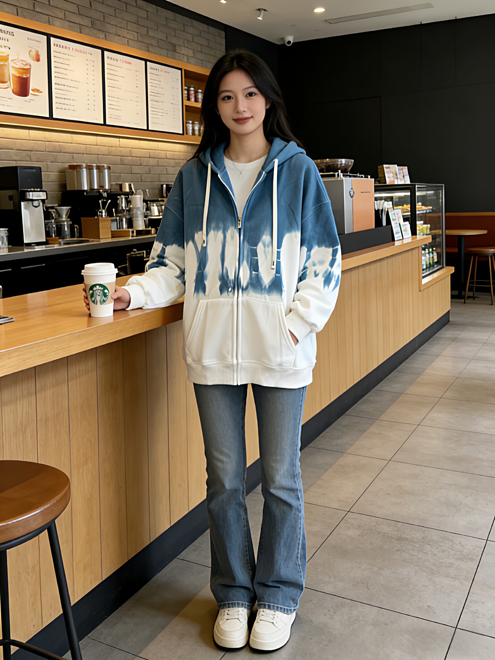 扎染蓝白色连帽加绒开衫卫衣女2026年春秋冬新款韩版宽松休闲外套