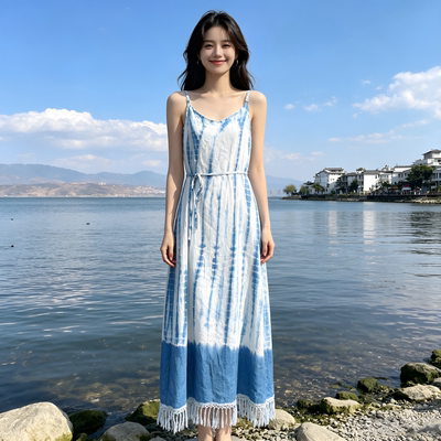 扎染蓝白色吊带v领连衣裙长款夏季棉麻流苏裙子收腰显瘦气质长裙