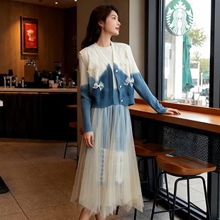 扎染轻奢女装羊毛衫女马甲两件套装针织连衣裙小个子毛衣套装裙子