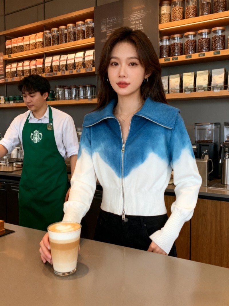 扎染针织开衫女2025秋冬小个子短款高腰上衣百搭高领毛衣外套长袖