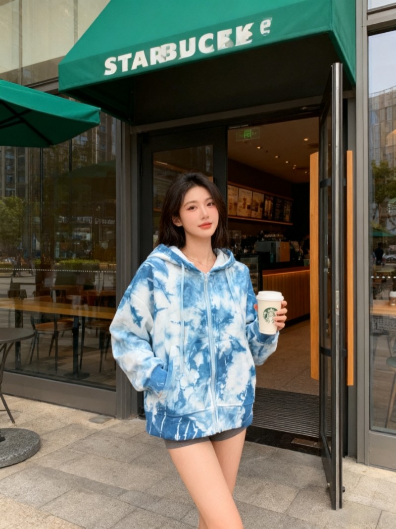 扎染连帽卫衣开衫女春秋款宽松休闲百搭上衣ins潮牌复古长袖外套