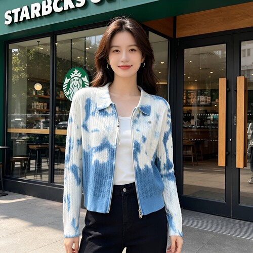 扎染麻花翻领针织开衫女春秋2026新款韩版双拉链毛衣外套短款上衣
