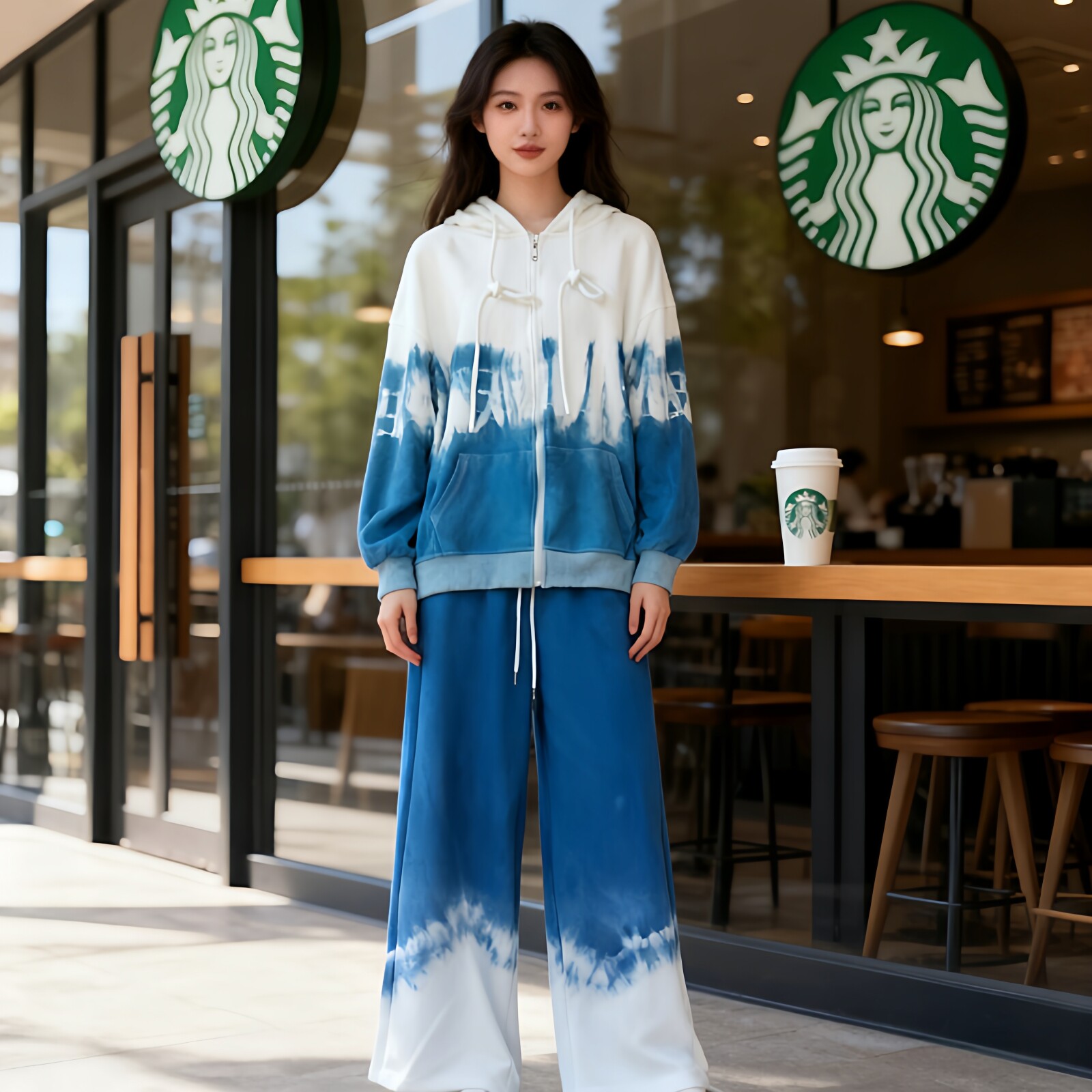 原创设计扎染卫衣套装女2025春秋时尚洋气拉链连帽外套休闲两件套