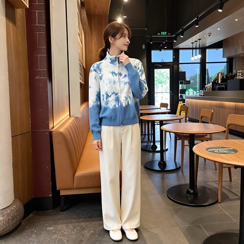 扎染休闲隐形双拉链立领针织开衫女春秋冬韩版新款显瘦毛衣外套潮