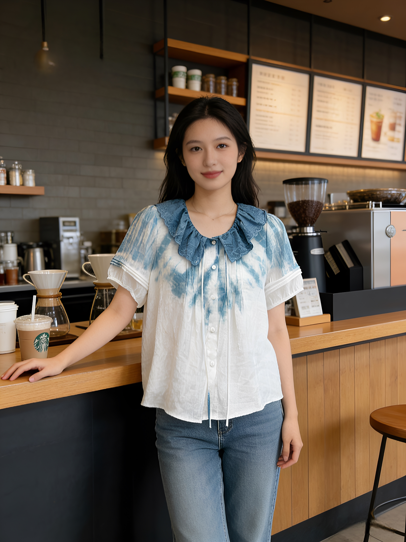 扎染渐变娃娃领衬衫女款夏季棉麻女装宽松显瘦上衣短袖减龄小衫女