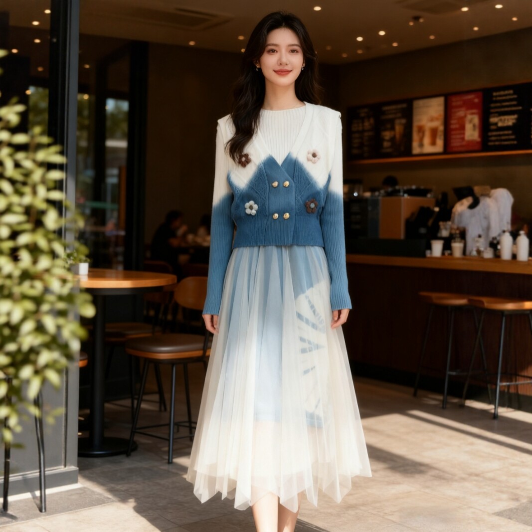 扎染针织马甲连衣裙两件套女2025春秋冬新款小个子显瘦毛衣套装裙