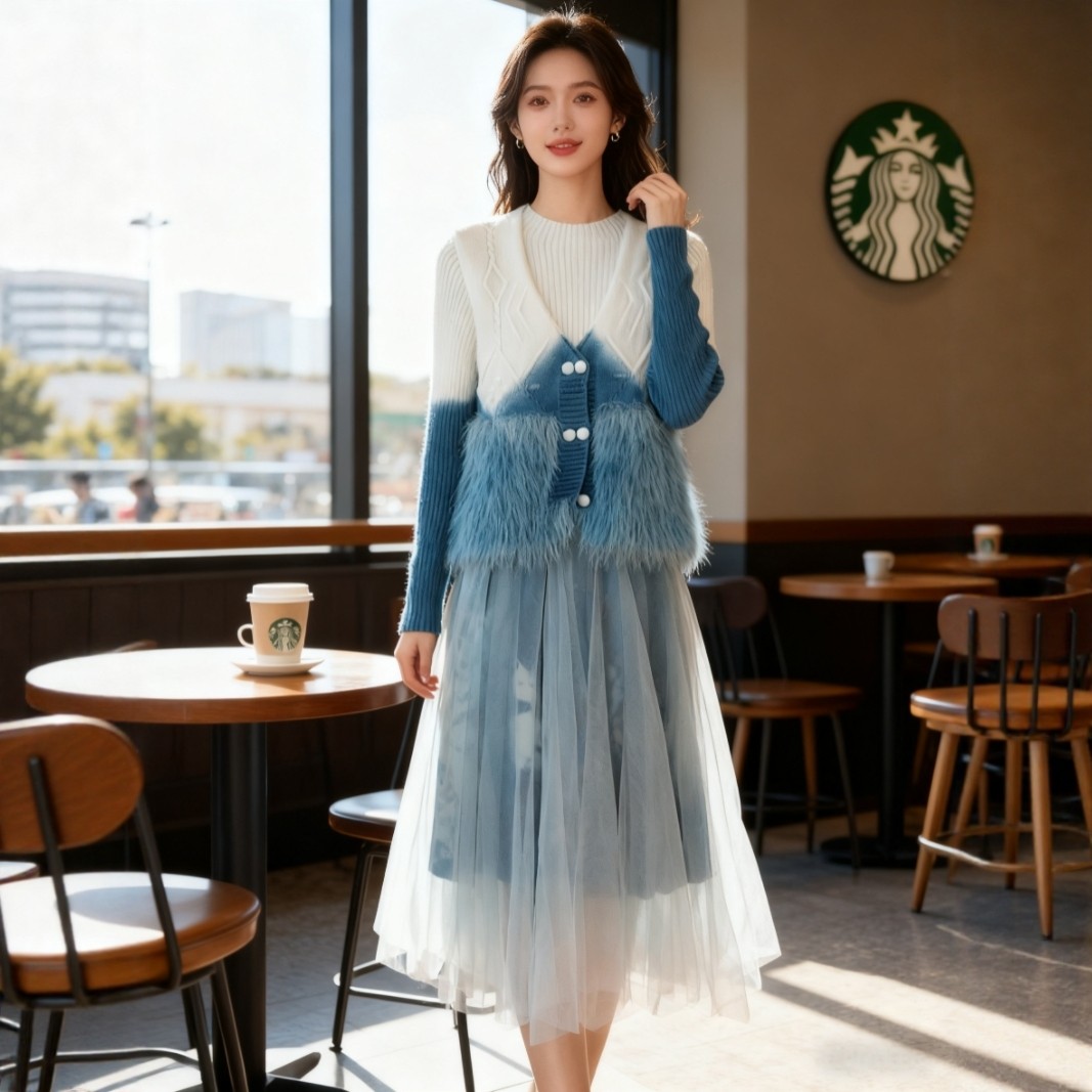 扎染秋冬新款针织马甲搭配针织连衣裙两件套网纱裙打底裙毛衣套装