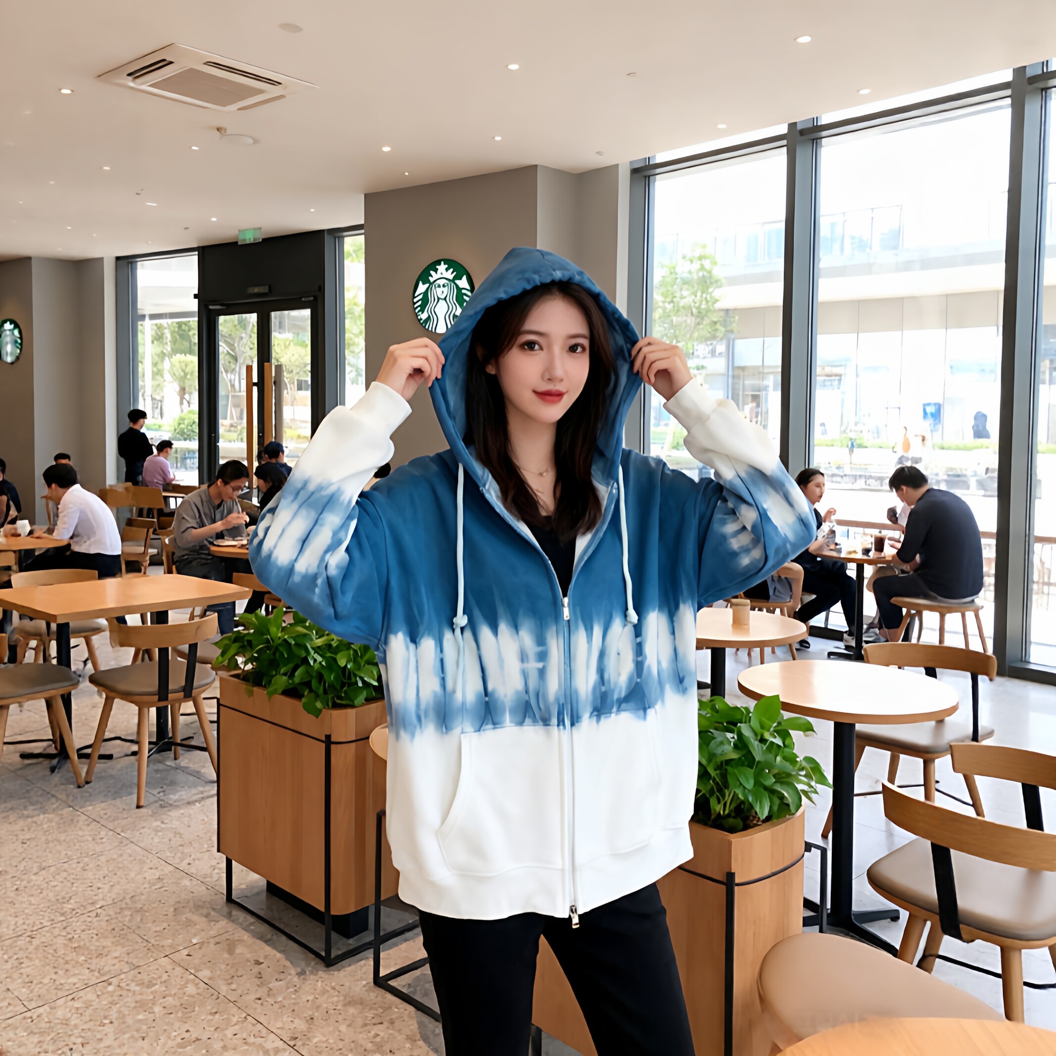 扎染纯棉连帽外套女学生秋冬新款百搭渐变色连帽卫衣宽松开衫上衣