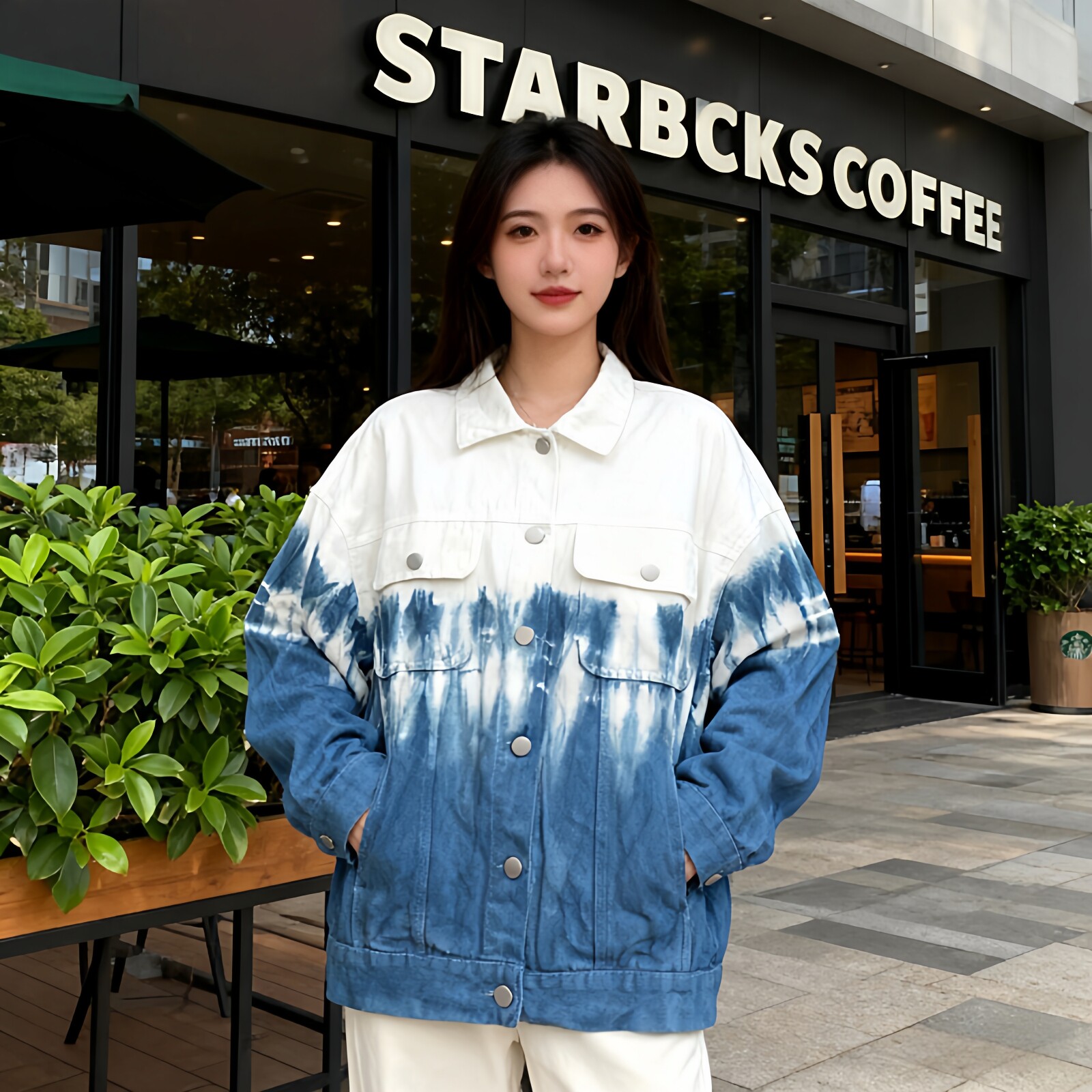 扎染蓝白色牛仔外套女春秋2026新款港风小个子宽松显瘦开衫上衣女