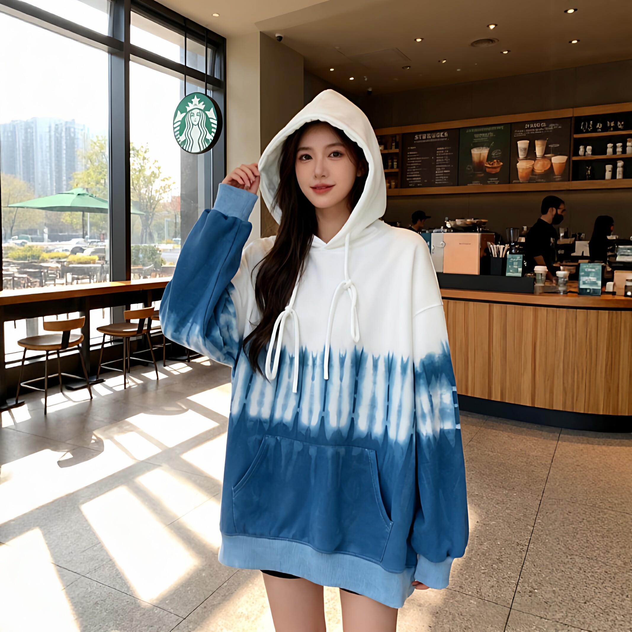 蓝白扎染连帽卫衣女款2025秋冬新款宽松百搭连帽外套女小个子上衣