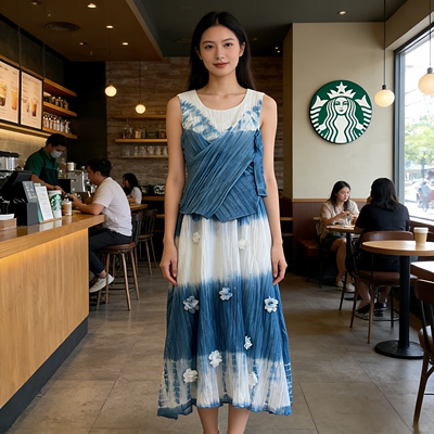 大理扎染连衣裙女假两件裙子春夏新款宽松a字背心裙宽松无袖长裙