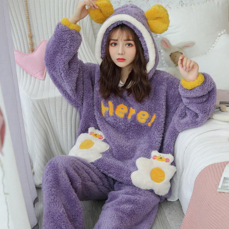 。女大童女生少女孩甜美法兰绒连体家居服套装冬天毛毛绒长袖睡衣
