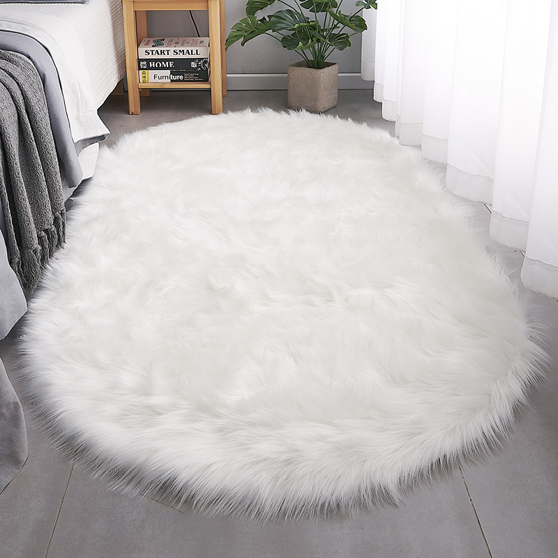 白色椭圆形羊毛地毯卧室ins风网红少女直播装饰床边镜子拍照地垫