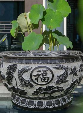 石雕鱼缸花盆天然青石彷
