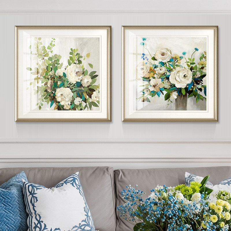 简约美式卧室挂画绽放花卉双联花朵幸福美满客厅装饰画客厅画花卉