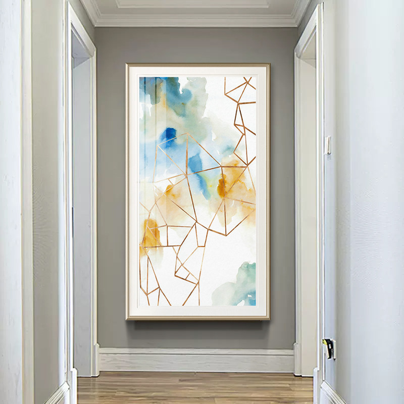 简美玄关挂画抽象线条美式轻奢装饰画入户进门过道走廊壁画竖版画