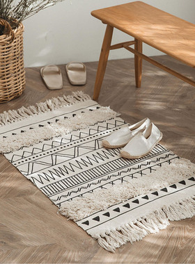 外贸北欧摩洛哥地毯卧室地ins几何黑白流苏簇绒客厅床边毯