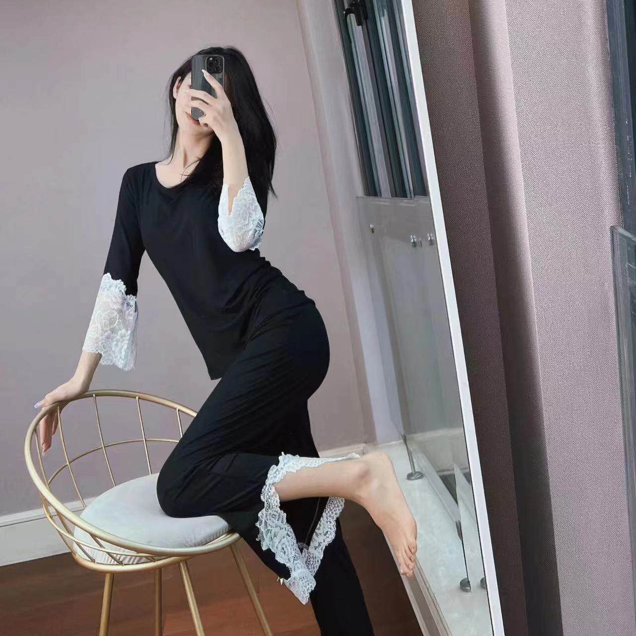 法式高奢风休闲舒适睡衣套装兰精莫代尔拼接蕾丝居家服 长袖睡裙