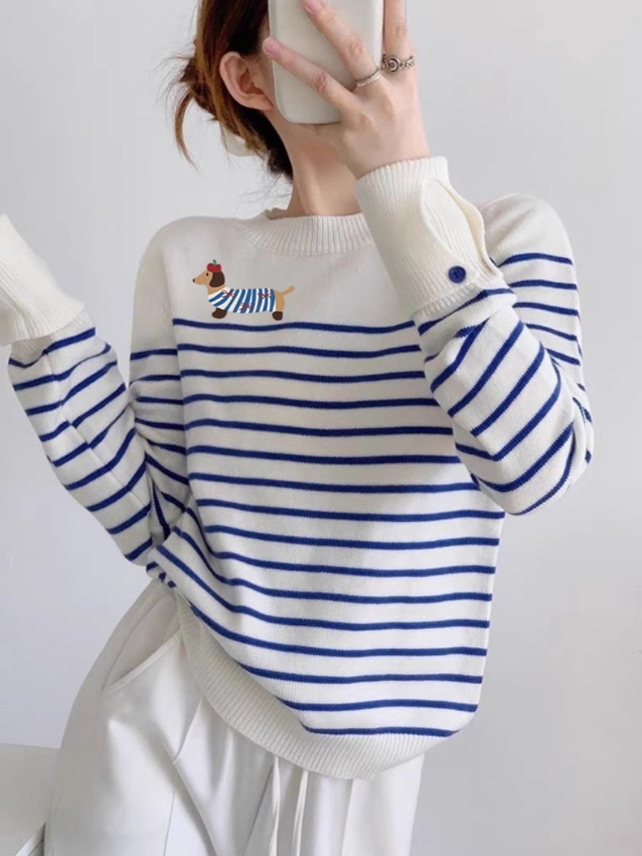 【X货】蓝色条纹卡通小狗针织衫女早秋季显瘦学院风圆领条纹毛衣