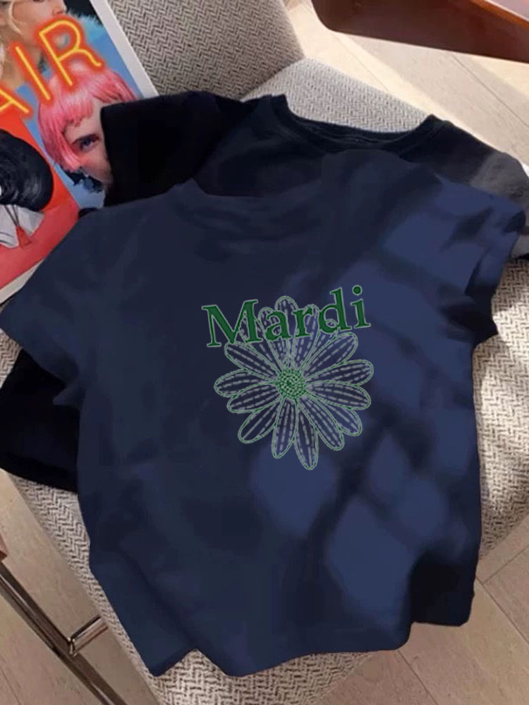 今年流行小众设计感藏蓝色花花T恤女夏2025新款时尚百搭显瘦上衣