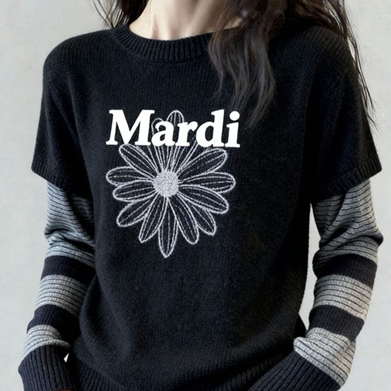 韩系穿搭超好看大码独特漂亮黑色花花假两件毛衣女秋冬2025年新款,女装/女士精品,大码内搭,淘宝优惠券,粉丝福利购,淘宝优惠卷