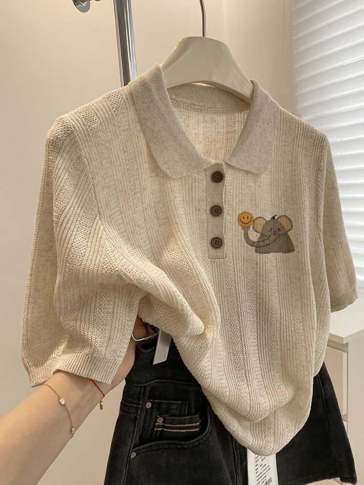 燕麦色冰丝小象大码针织短袖t恤夏季气质显瘦正肩休闲polo衫上衣,女装/女士精品,大码内搭,淘宝优惠券,粉丝福利购,淘宝优惠卷