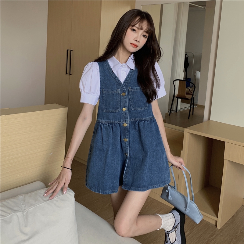 2021年新款韩货少女娃娃裙两件套古着在逃公主牛仔连衣裙女夏学生