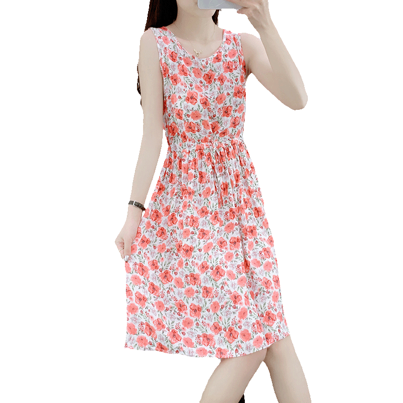 棉绸无袖连衣裙七彩萤夏季