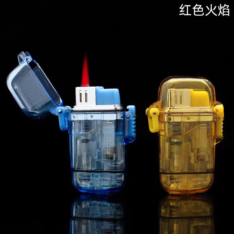 奥麦打火机创意透明塑料防水带挂扣便携充气防风红焰涉水野营垂钓