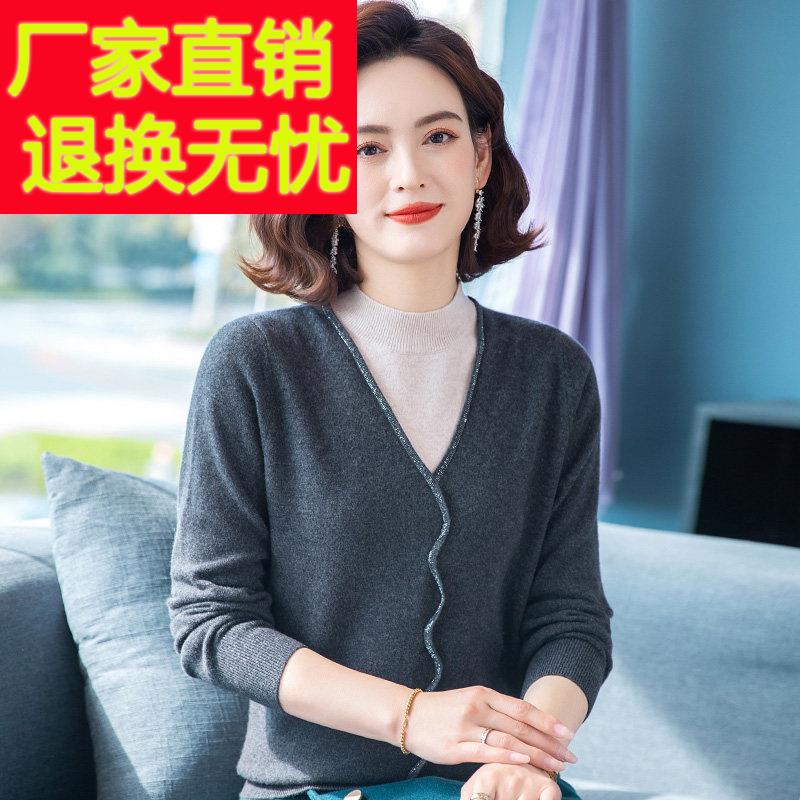 100纯羊毛衫女秋冬半高领假两件毛衣中老年妈妈装套头打底羊毛衫