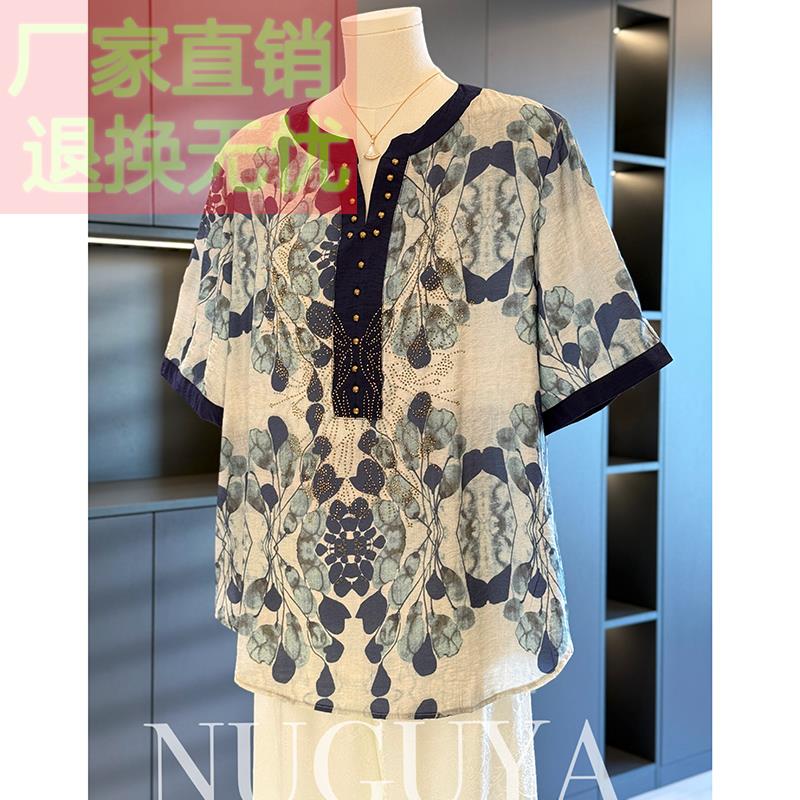 中国风妈妈装棉麻衬衫女短袖2025夏装新款上衣大码休闲中老年衬衣