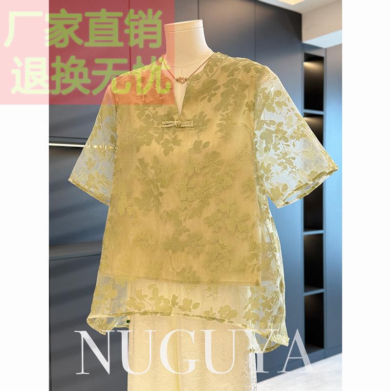 新中式国风妈妈装雪纺衬衫女短袖夏装新款上衣洋气百搭中老年衬衣