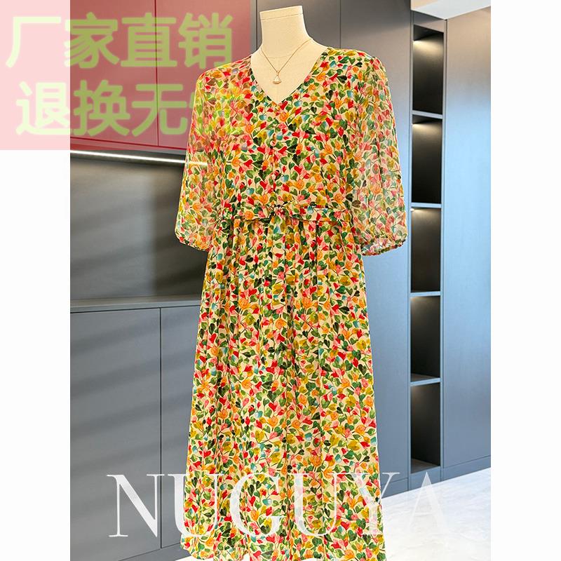 时尚休闲妈妈装中长款雪纺连衣裙2025夏装新款气质大码中老年裙子