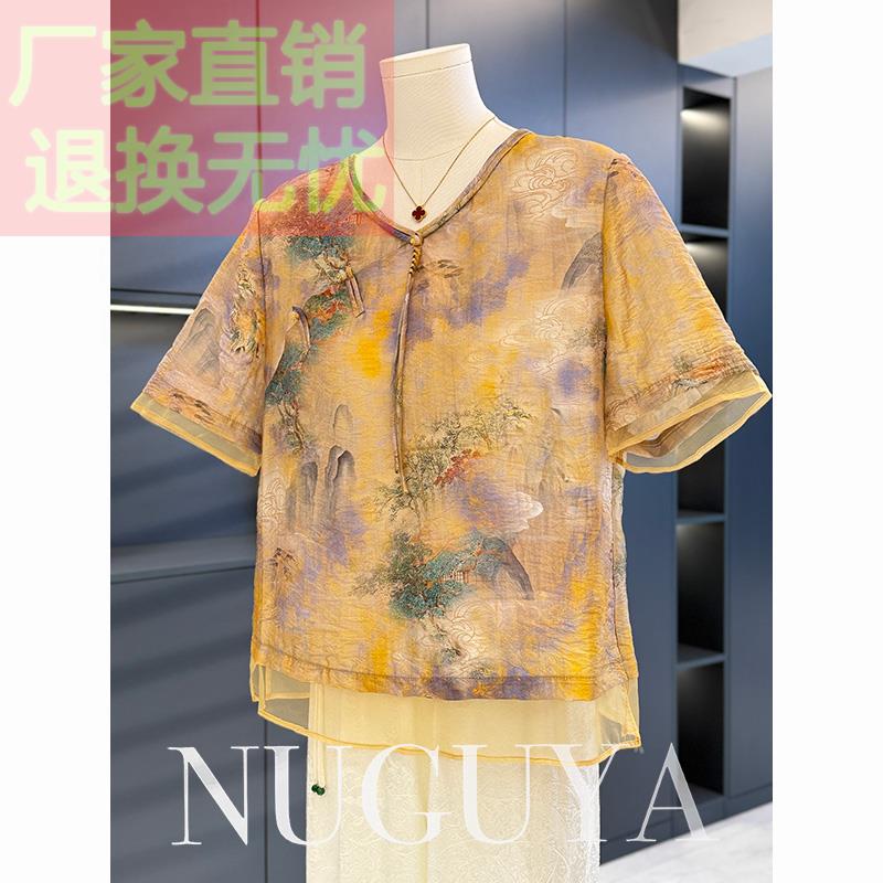 新中式国风妈妈装雪纺衬衫女短袖2025年夏装新款上衣中老年人衬衣