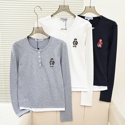 2026春季新款学院风简约假两件V领撞色拼接长袖T恤女TTLA2652C1K