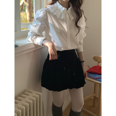 法式花边娃娃领长袖衬衫显瘦