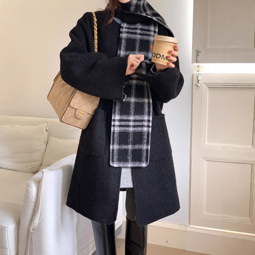 冬季高级感黑色双面羊毛呢大衣女