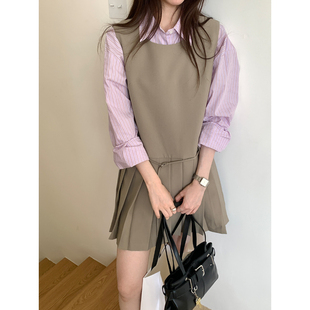 韩系学院风百褶背心连衣裙女秋季2025新款氛围感叠穿无袖a字短裙