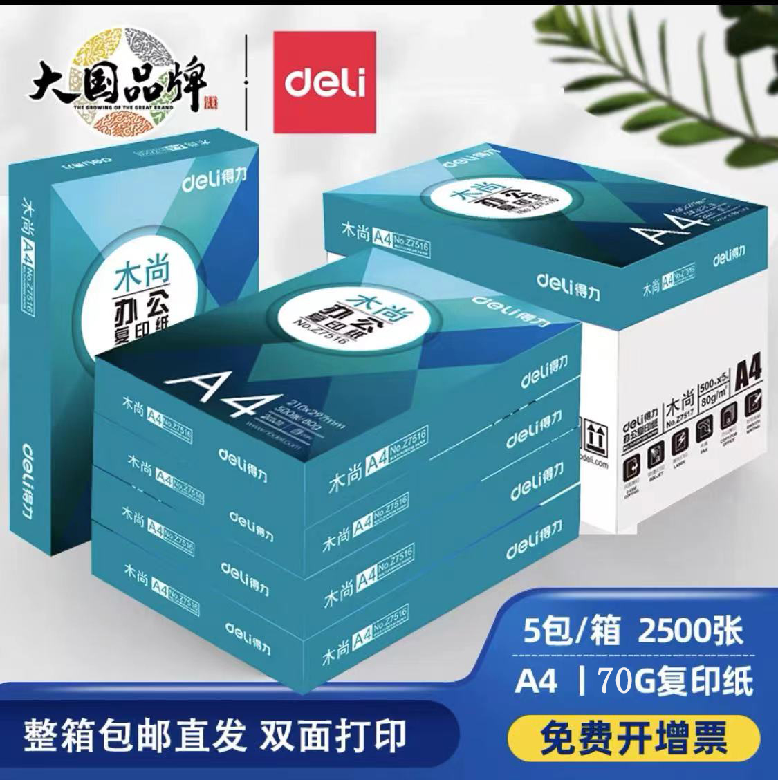 得力A4复印纸打印纸白纸70g整箱5包装a4纸单包500张加厚办公用纸8