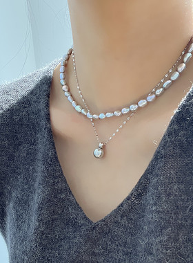 天然珍珠纯银真多麻色锁骨链叠戴