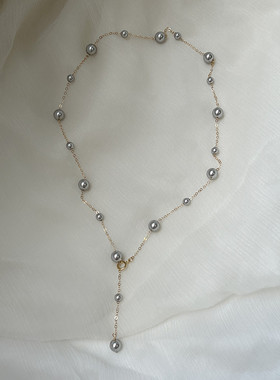 14k包金女交错满天星灰珍珠项链