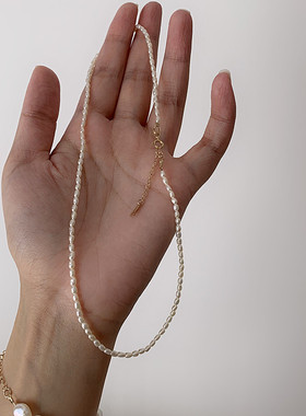 自制极小天然米形淡水珍珠项链