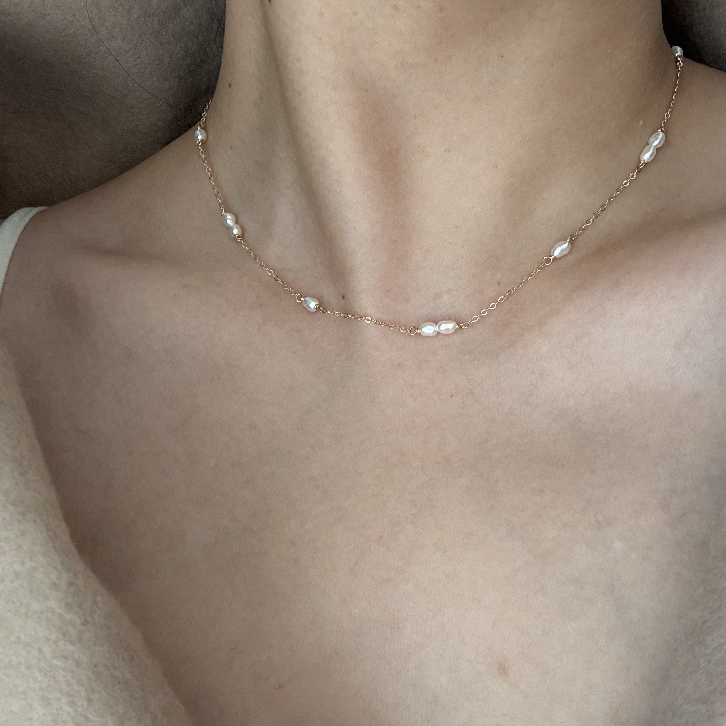 回馈！自制小众设计迷你淡水珍珠满天星锁骨链14k包金项链气质女