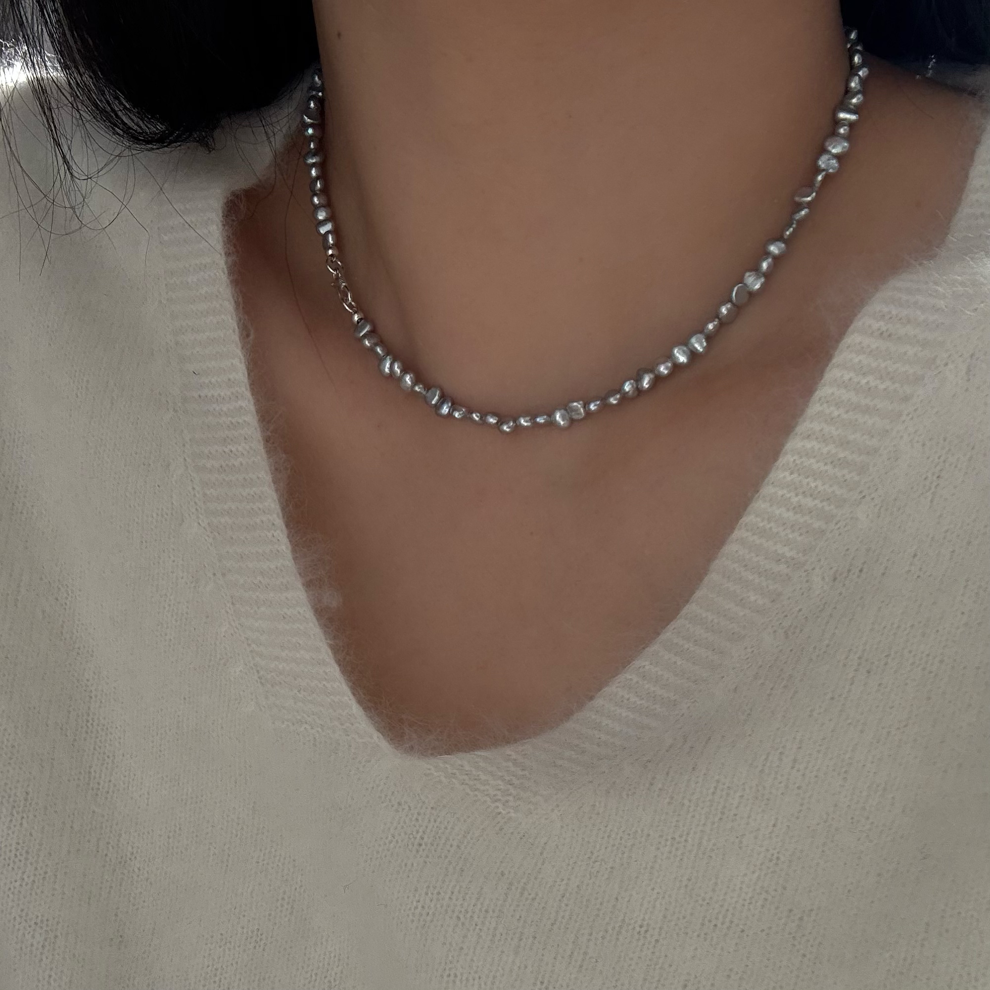 小众设计巴洛克碎银子灰珍珠项链轻奢气质高级感锁骨链s925纯银女