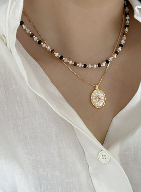 铜镀金天然贝母蛇骨链女椭圆吊坠