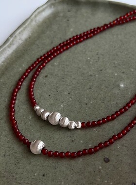 红色玛瑙银球项链S925纯银女