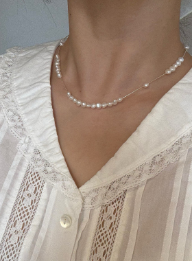 天然淡水巴洛克珍珠强光s925纯银满天星蛇骨链细款锁骨链颈链个性