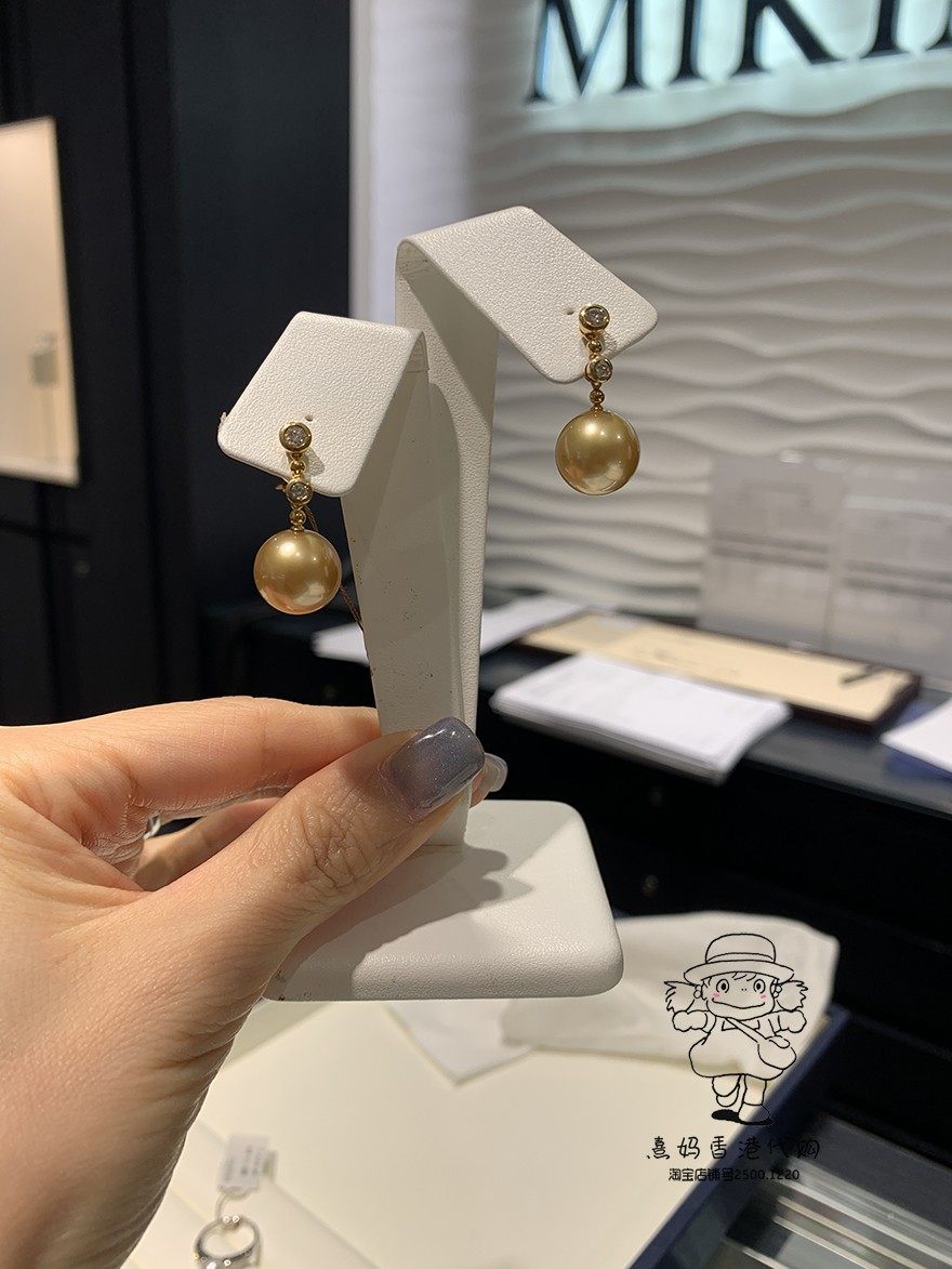 香港MIKIMOTO御木本18k黄金两颗钻石南洋珍珠女生耳环 12.2mm