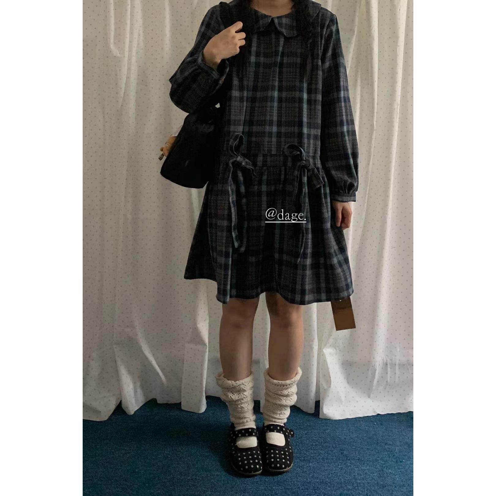 dage50881格子连衣裙娃娃领韩版港风女设计感宽松休闲百搭连衣裙