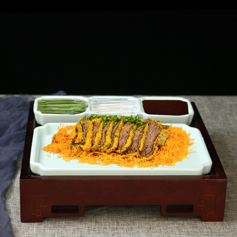 创意牛肋骨盘子酒店竹木陶瓷组合餐具餐厅油炸羊排烤鸭带酱料碟盘